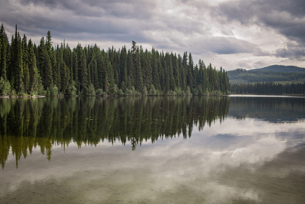 Scenic view of Nancy Greene Lake with calm waters and mountain pine forest in British Columbia.